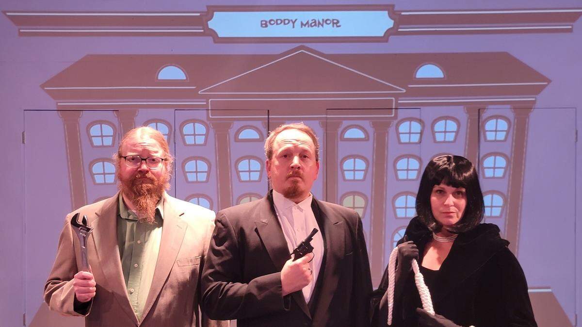 From left, Colonel Mustard (Luke Amundson), Wadsworth (Drew Doyle) and Mrs. White (Heather Christopher) are caught up in the intrigue in Olympia Little Theatre’s “Clue,” in its opening weekend.