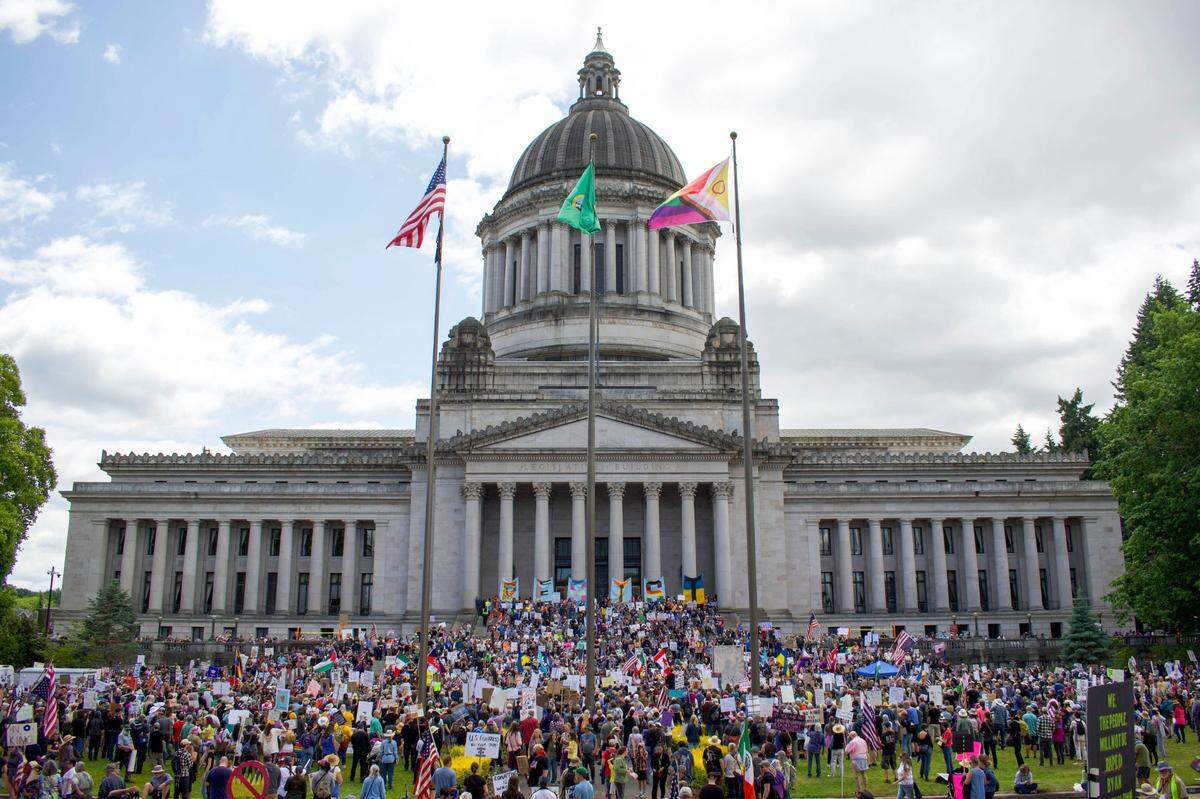 Demonstrators filled the capitol steps during the “No Kings” protest, denouncing the leadership of President Donald Trump and Elon Musk on Saturday, June 14, 2025, in Olympia, Wash.