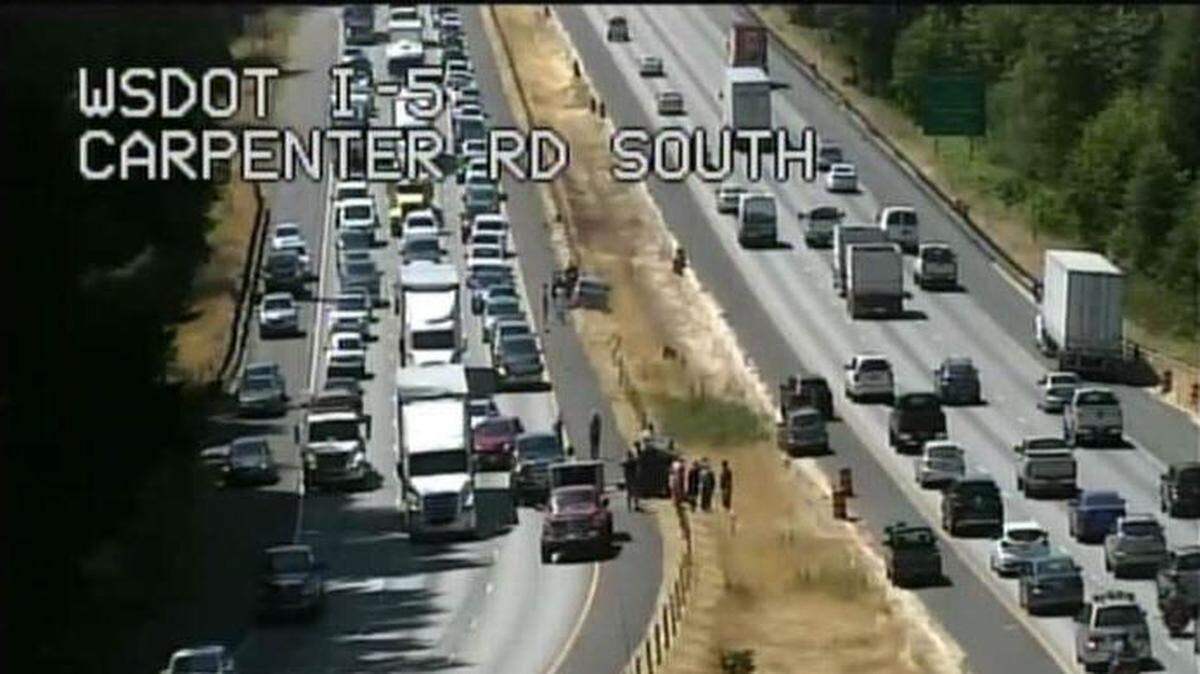 Traffic was at a standstill Tuesday afternoon on northbound Interstate 5 near Olympia after a collision blocked the left lane.