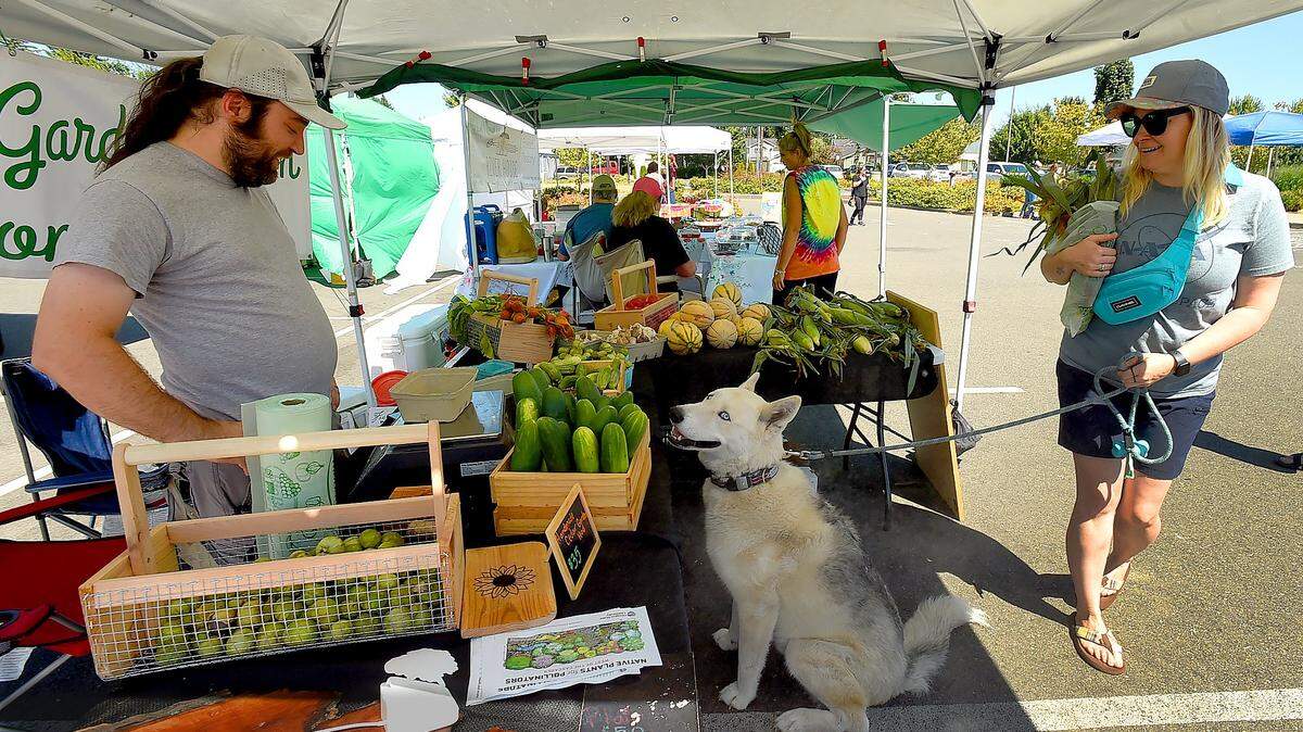 Vendors and customers enjoy sunshine at the Tumwater Farmers Market. The market is wrapping up Aug. 28 after running all summer Sundays at Peter G. Schmidt Elementary School.