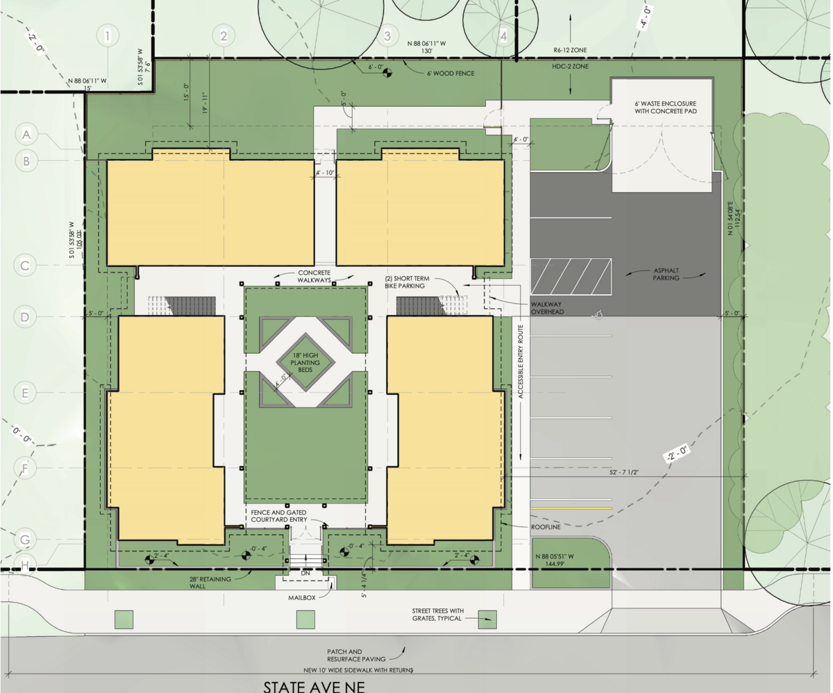 A site plan for a new affordable housing complex planned for 2104 State Avenue Northeast in east Olympia. The plan shows four main structures surrounding a center courtyard, and a parking lot on the eastern side of the property.