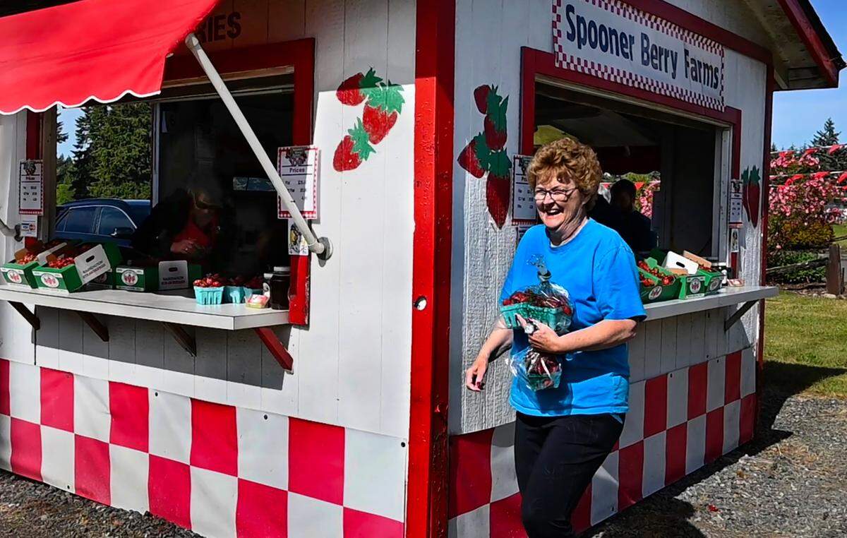 Smiling strawberry lover Dianne Chaney leaves the Spooner Berry Farms’ main stand at 3327 Yelm Highway SE with some pints of the first harvests in 2024. As of late May this year, berry season has begun around the South Sound.