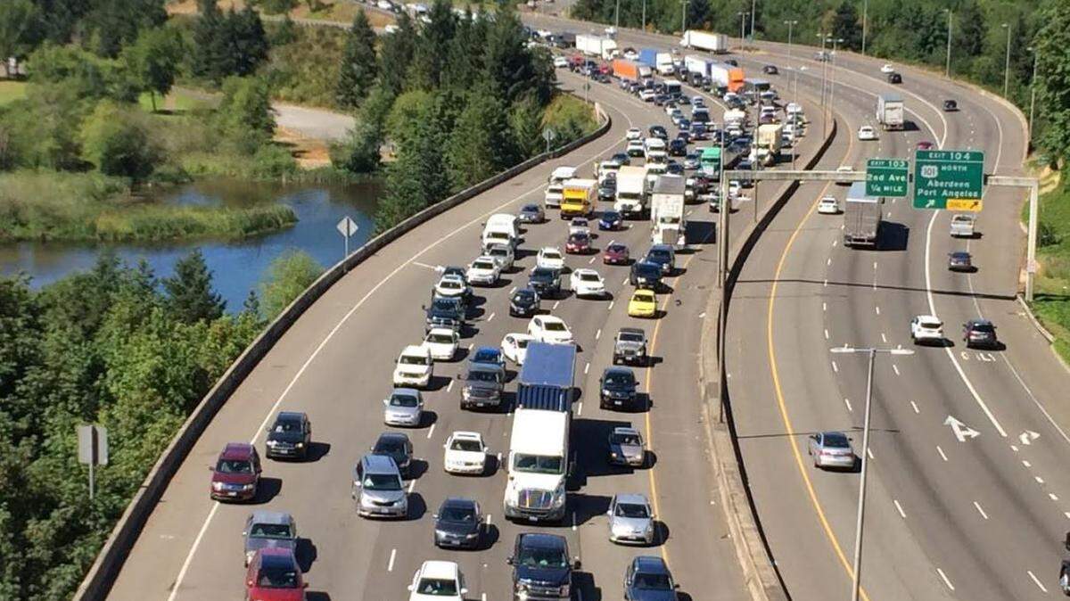Traffic on Interstate 5 in Olympia backs up after a crash Wednesday morning.