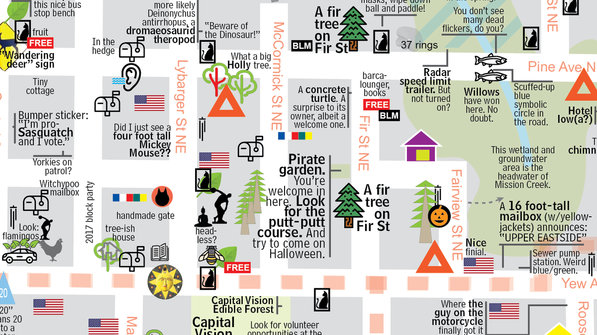 A 4-foot-tall statue of Mickey Mouse and a 16-foot-tall mailbox are among the features highlighted near the intersection of Fir and Yew streets. The map also indicates the presence of Black Lives Matter signs and houses with Halloween spirit.