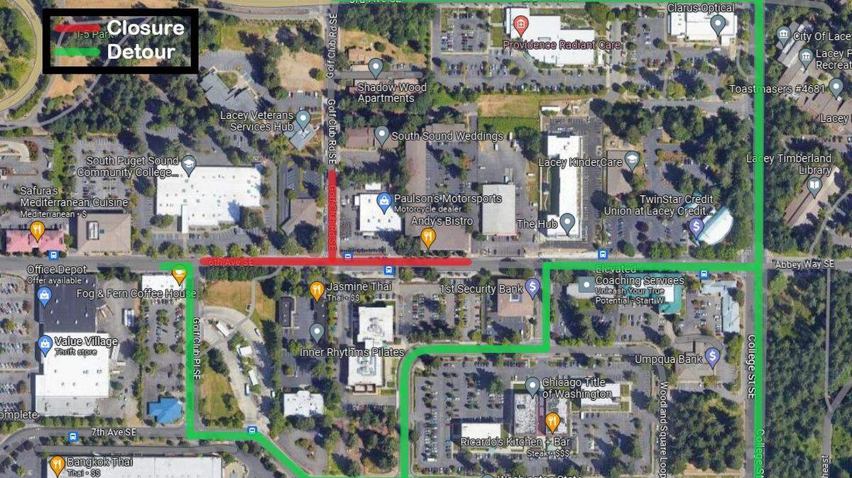 The area marked in red -- a section of Sixth Avenue Southeast at Golf Club Road Southeast -- will close at night, beginning Monday, June 5, through early Friday, June 16. The area marked in green are alternate routes that drivers can take. They include Woodland Square Loop Southeast, College Street Southeast or Third Avenue Southeast.