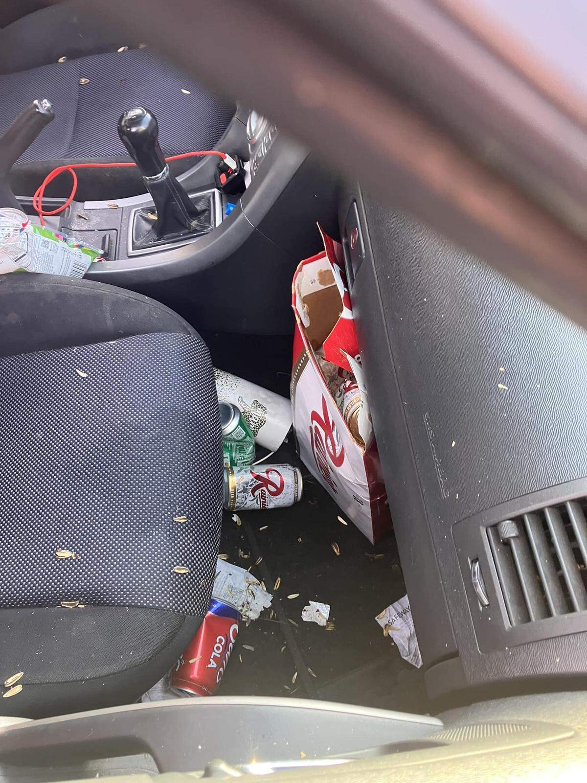 A photo of the vehicle’s interior following the arrest of the driver suspected of driving under the influence.