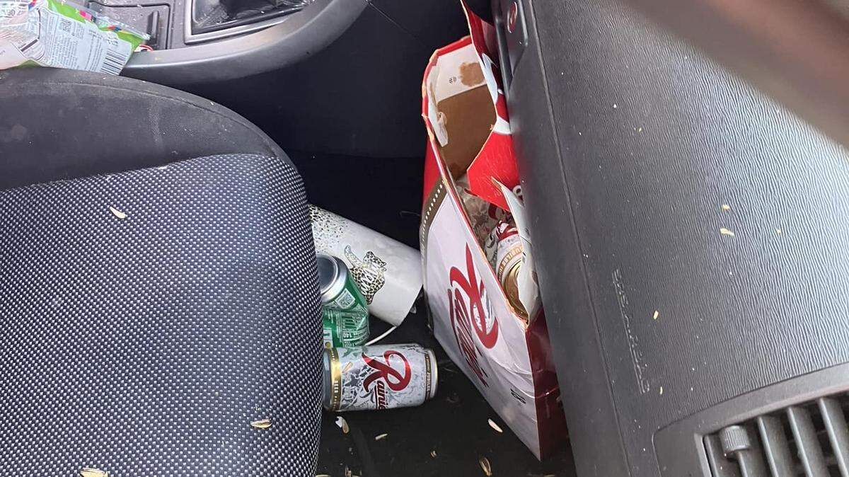 A photo of the vehicle’s interior following the arrest of the driver suspected of driving under the influence.