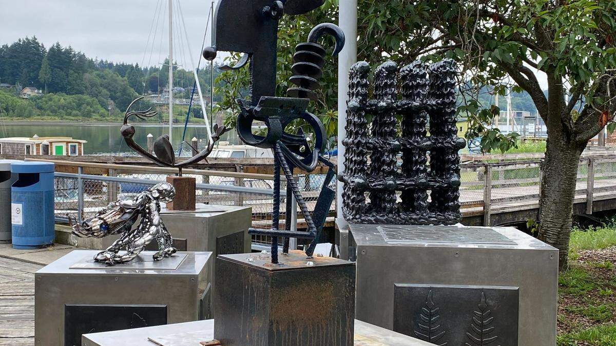 A cluster of metal sculptures are on display near the Harbor House on Percival Landing. Voting is open on the city’s Engage Olympia website until July 30 for the 2022 Percival Plinth Project. You don’t need to be an Olympia resident to vote for your favorite sculpture.