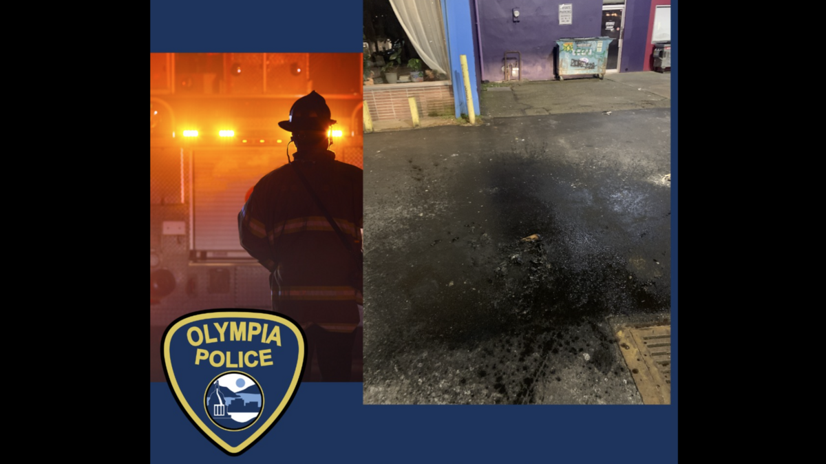 The Olympia Police Department shared a photo showing the aftermath of fire on blackened pavement Wednesday evening. Police arrested a man on suspicion of reckless burning in connection to multiple fires.