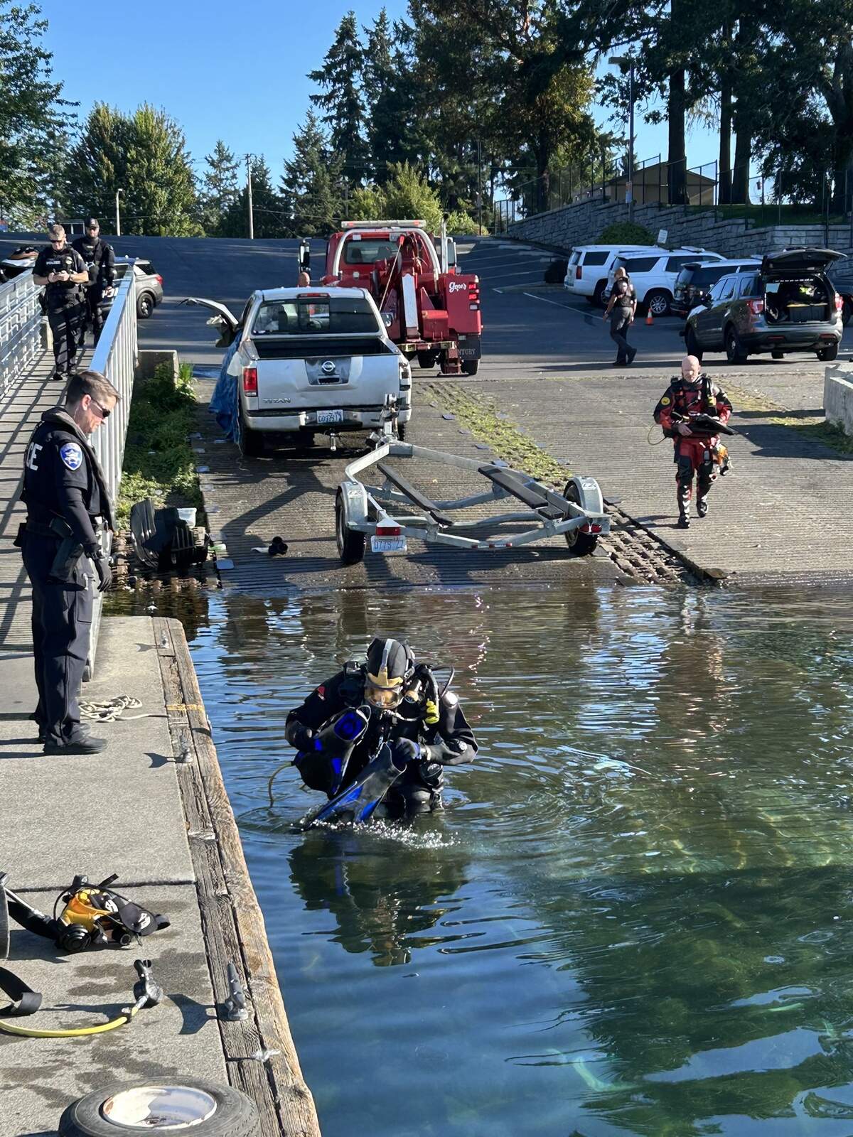 The boat launch on the north side of American Lake was closed Sunday morning so the truck could be removed, according to Lakewood police.