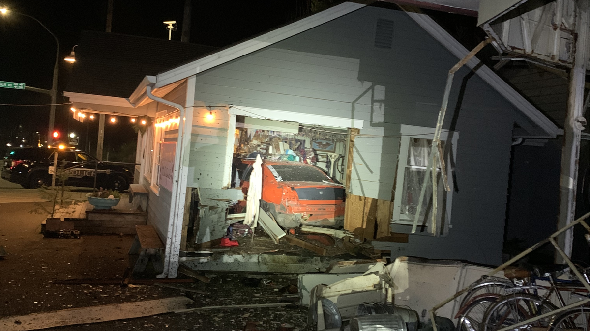 The driver of a Red Dodge Charger crashed into the business at Harrison Avenue Road Northwest and Kaiser Road Northwest Saturday night, according to police.