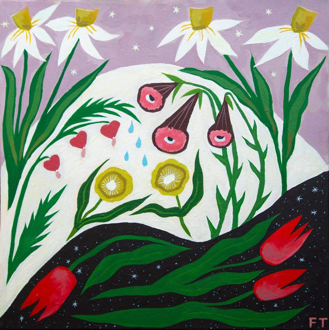 “Spring Garden,” an acrylic painting by Fern Tallos, adorns the cover of the Arts Walk map and event posters and is now part of the city’s permanent collection.