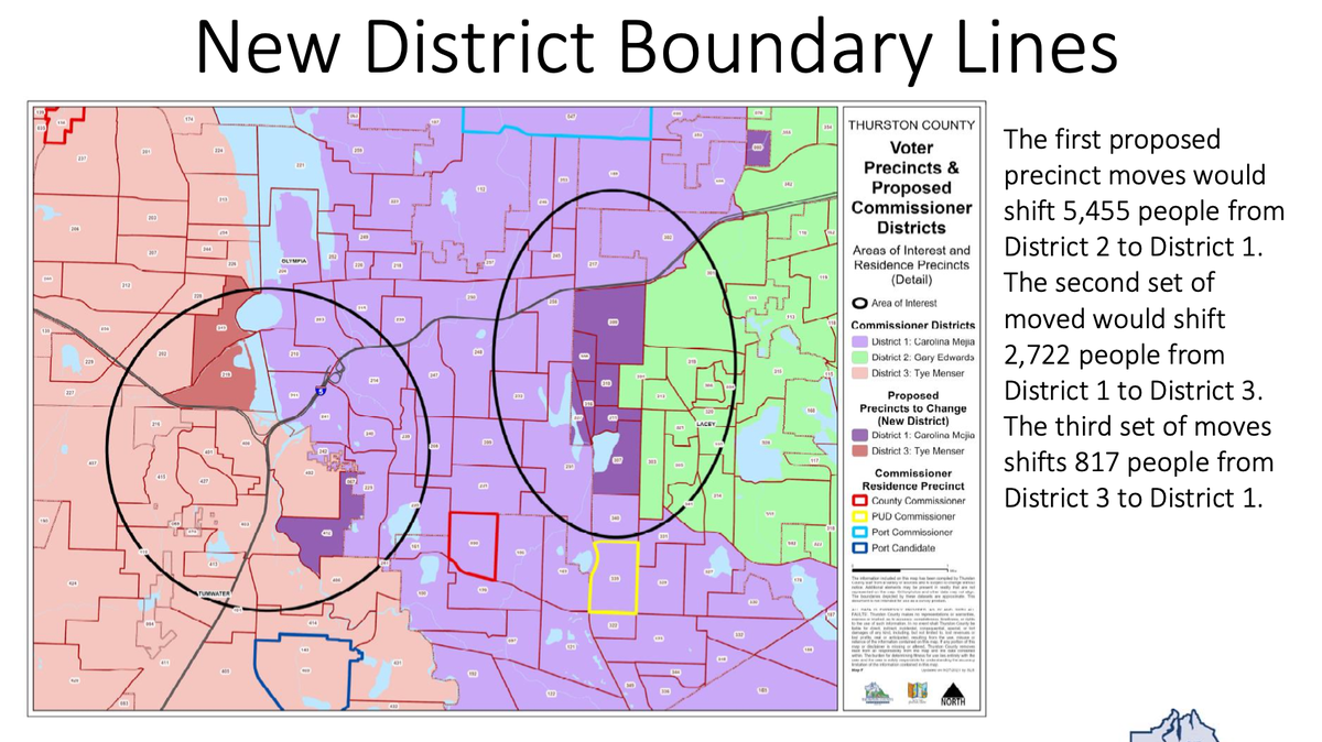 A map of proposed new district boundaries in Thurston County under consideration by the Board of County Commissioners. The county plans to move precincts 80, 307, 308, 309, 310, 311, 316 and 337 from District 2 to District 1, precincts 219 and 243 from District 1 to District 3, and precincts 67 and 412 from District 3 to District 1.