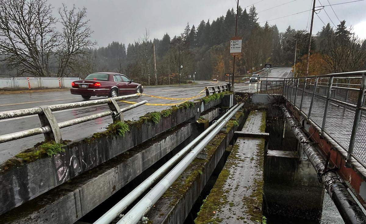 Damage from a suspected DUI crash at the Capitol Lake salmon ladder in downtown Olympia is evident on Monday from the missing guardrail section.