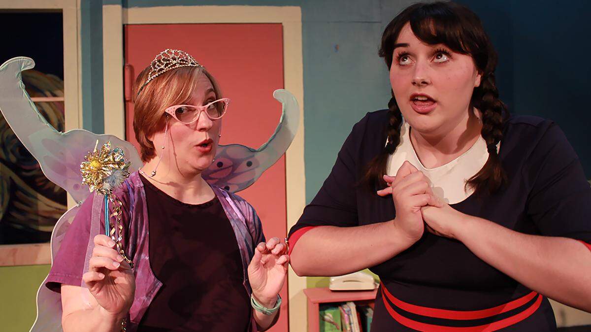 Amanda Stevens, left, is the fairy godmother and Gabriela Tatone plays Ruby in Olympia Family Theater’s “The Delicious Revenge of Princess Rubyslippers.”