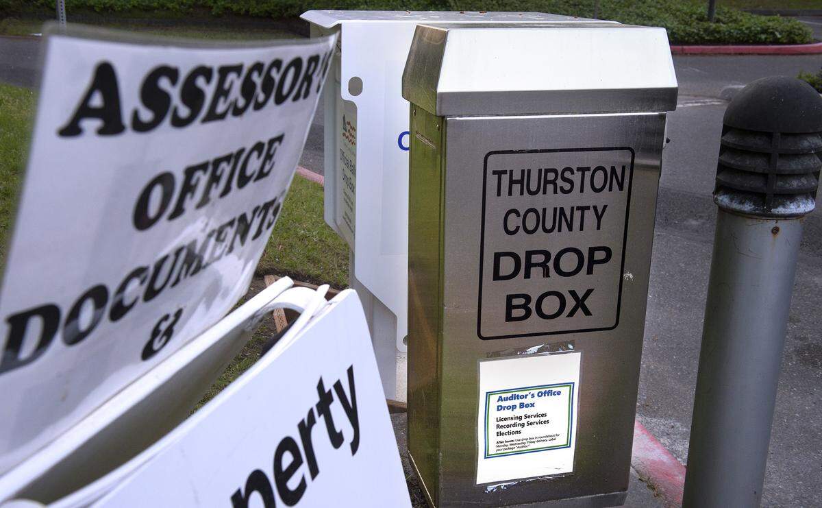 The Thurston County document drop box outside the Thurston County Courthouse in Olympia on Friday, May 15, 2020.
