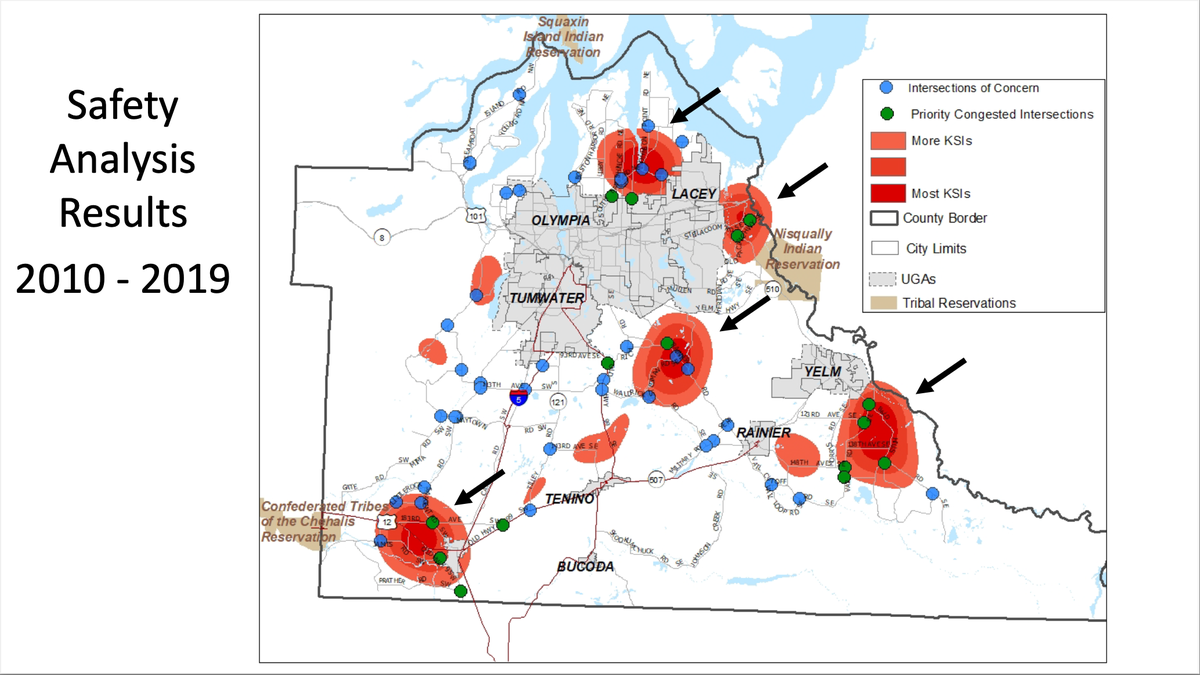 The still in-progress Thurston County Mobility Strategy Study has yielded a map showing intersections where safety and congestion concerns may require improvements.