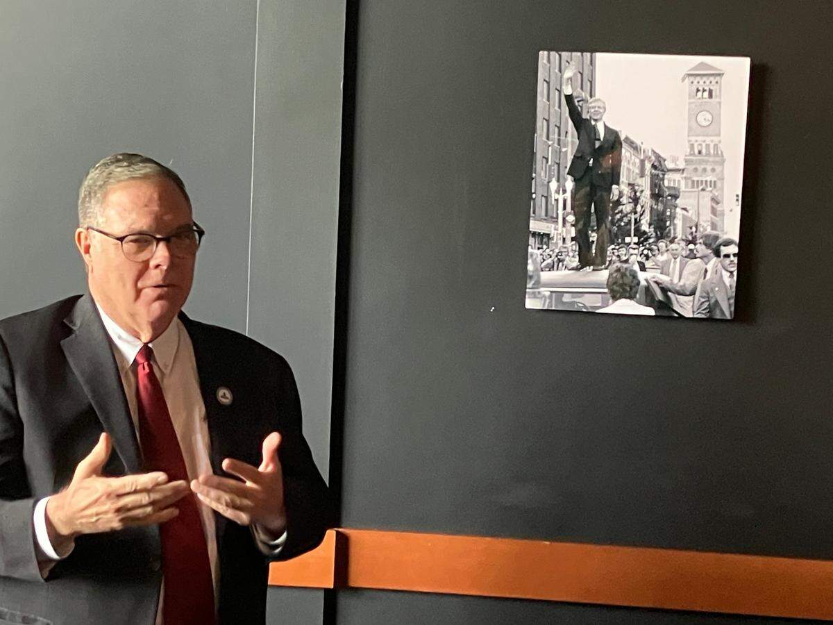 Lt. Gov. Denny Heck makes a few remarks about President Jimmy Carter and a photo of him that now hangs at 1889 Prime Steakhouse in downtown Olympia.