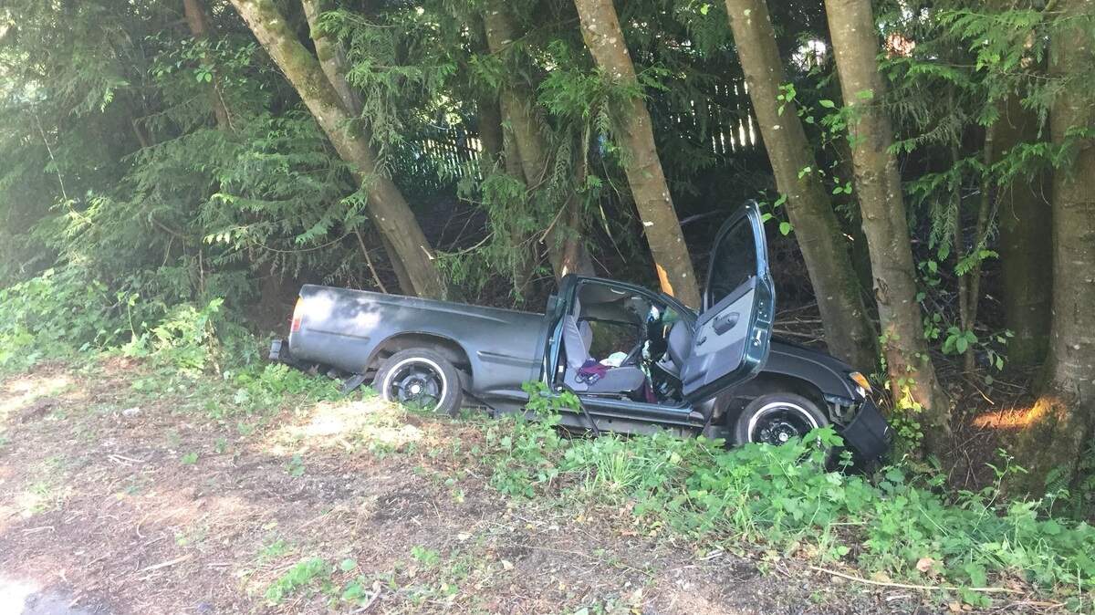A 21-year-old woman was flown to Harborview Medical Center in Seattle on Saturday after she crashed her pickup in the 5300 block of Kinney Road Southwest, according to the Thurston County Sheriff's Office.
