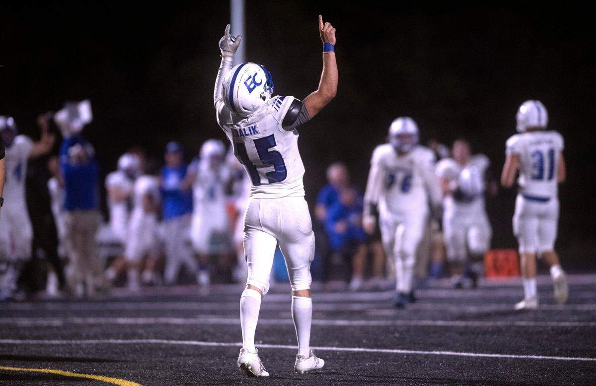 Eatonville quarterback Job Kralik ccelebrates as time expires in the Cruisers 27-22 victory over the Tenino Beavers in Friday night’s 2A football game at Tenino Beaver Stadium in Tenino, Washington, on Sept. 30, 2022.