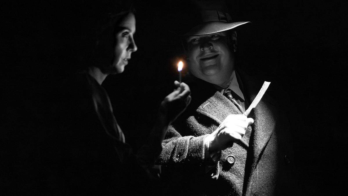 The sadistic Roat (Andy Gordon) targets the newly blind Susan (Helen Harvester) in Harlequin Productions’ film noir-style “Wait Until Dark.”
