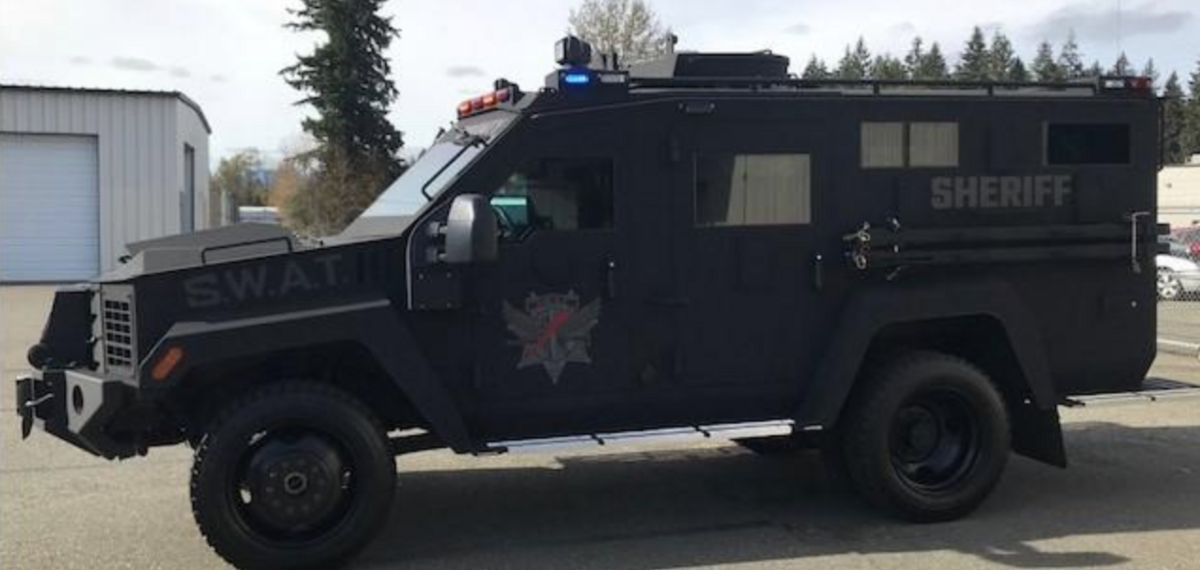 The Thurston County Sheriff’s Office SWAT Team uses an armored vehicle with SWAT and Sheriff labels. The SWAT Team, short for Special Weapons and Tactics Team, is multi-jurisdictional team comprised of 25 people, according to the county website.