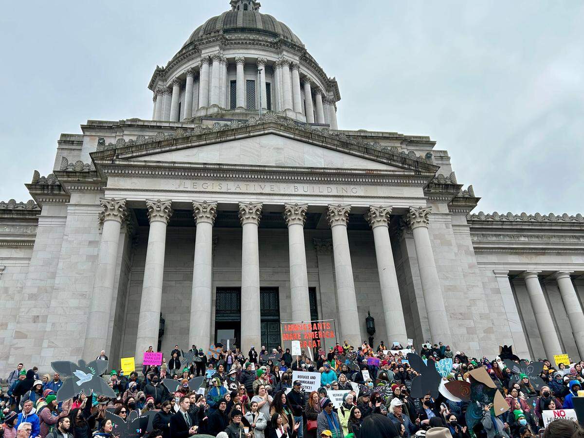 Immigrant-justice advocates heard speakers at the state Capitol on Jan. 30, 2025.