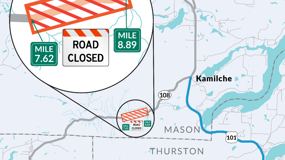A map shows the location of the road closure on State Route 108 between Kamilche in Mason County and McCleary in Grays Harbor County. It also indicates the detour routes, U.S. Route 101 and State Route 8, in Thurston and Grays Harbor County.