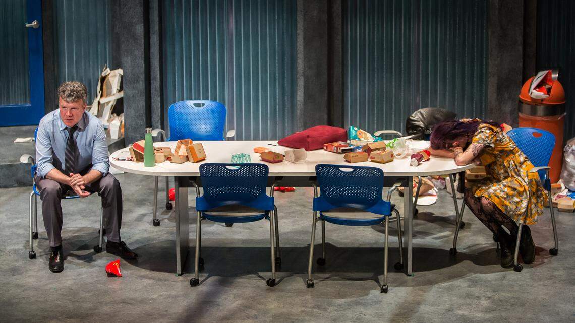 Actors Frank Lawler and Colleen Litchfield perform a scene from David Harrower’s “Blackbird,” running through this weekend at Harlequin Productions’ State Theater in downtown Olympia.
