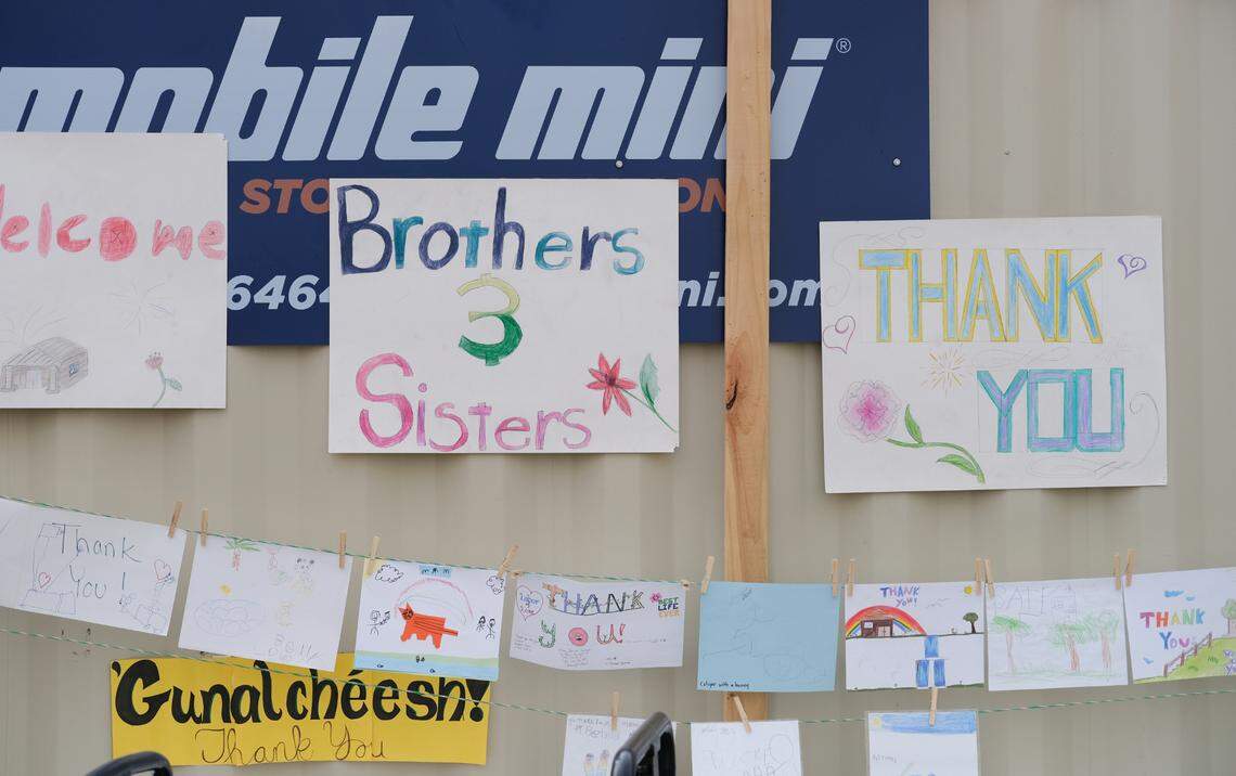Thank you notes and drawings from children line the walls of a temporary break area at the construction site for a new Jehovah’s Witnesses Kingdom Hall in Olympia. The project was entirely supported by volunteers and donations, said public communications representative Manuel Torres.
