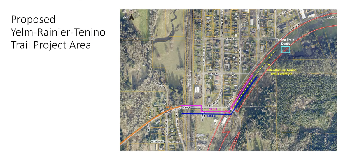 A map of the proposed Yelm-Rainier-Tenino trail extension from the Tenino Train Depot to Crowder Road Southeast. The extension is represented by the yellow, dashed line.