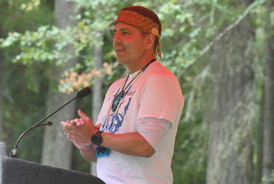 Squaxin Island tribal chairman Kris Peters welcomes the audience to start the Olympia Indigenous Peoples’ Day Celebration at Squaxin Park in Olympia, Wa. on Oct. 14, 2024. Hosted by the Squaxin Island Tribe the event featured songs and dance along with a recognization proclamation delivered by Olympia mayor Dontae Payne and members of the city council. Tribal chairman Kris Peters offered an opening welcome and shared some personal thoughts on the federal holiday and other speakers included Congresswoman Marilyn Strickland, Natalie Coblentz and Miguel Pineda.