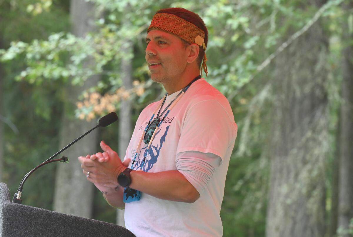 Squaxin Island tribal chairman Kris Peters welcomes the audience to start the Olympia Indigenous Peoples’ Day Celebration at Squaxin Park in Olympia, Wa. on Oct. 14, 2024. Hosted by the Squaxin Island Tribe the event featured songs and dance along with a recognization proclamation delivered by Olympia mayor Dontae Payne and members of the city council. Tribal chairman Kris Peters offered an opening welcome and shared some personal thoughts on the federal holiday and other speakers included Congresswoman Marilyn Strickland, Natalie Coblentz and Miguel Pineda.