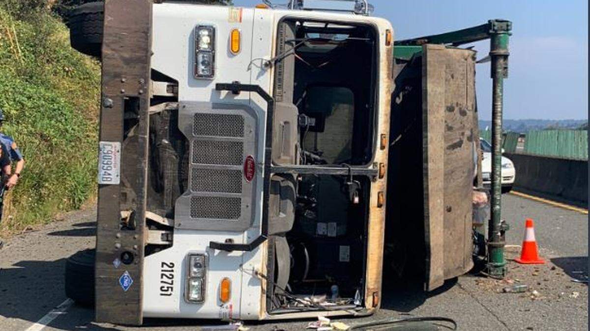 A 56-year-old Shelton man was injured and taken to an area hospital Monday afternoon after the garbage truck he was driving tipped over, according to Washington State Patrol.