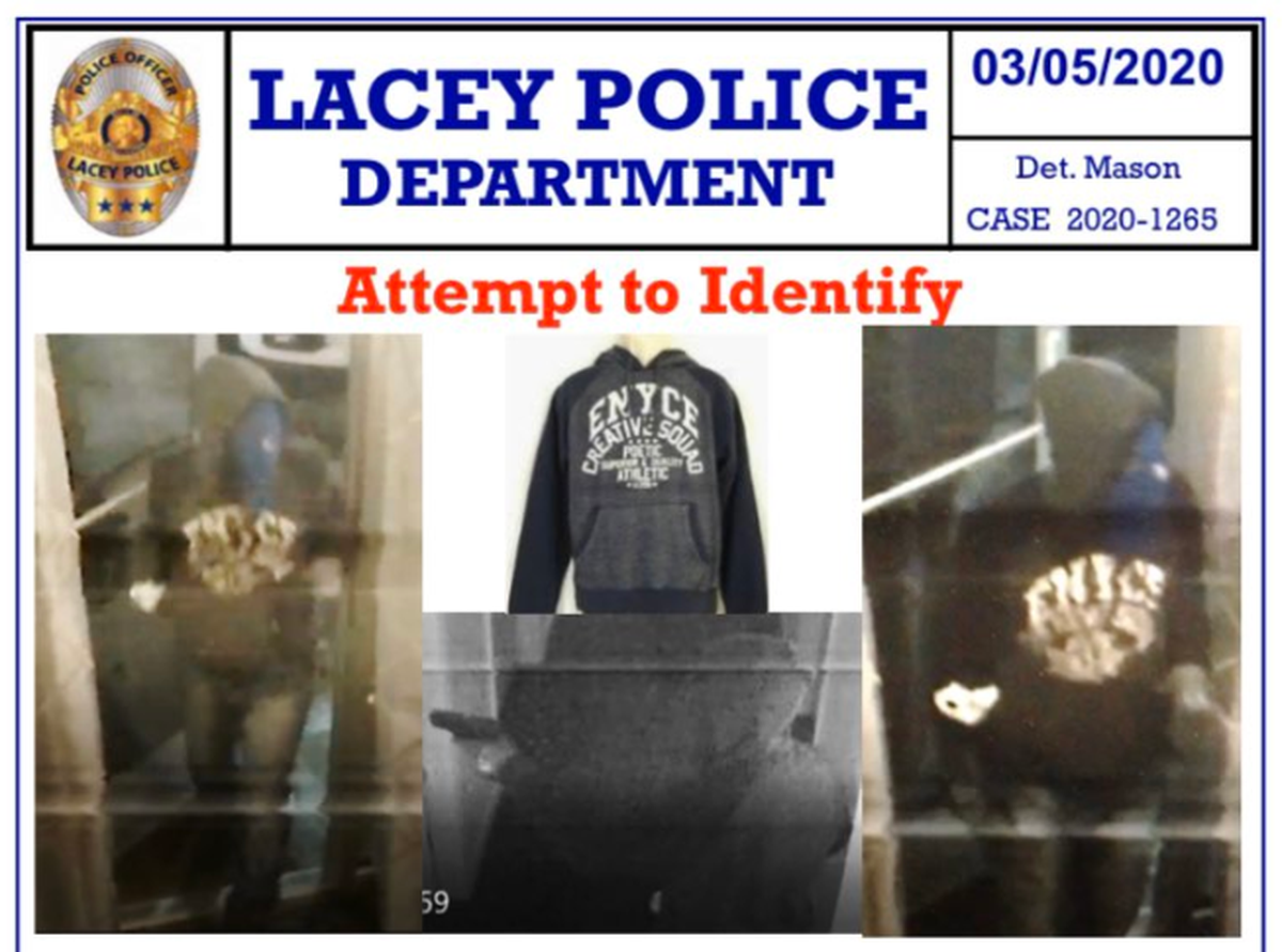 Lacey Police shared these photos of the suspect in an armed robbery that happened Thursday evening at a spa in Hawks Prairie.