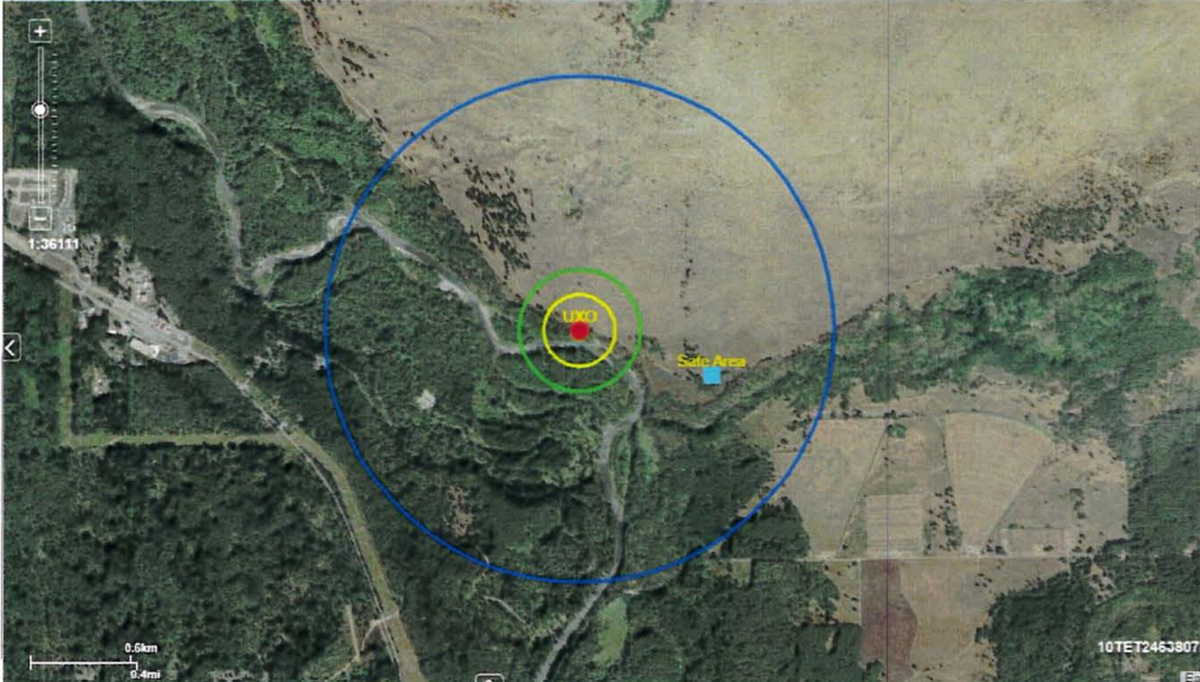 A map shows the unexploded ordnance detonation zone.