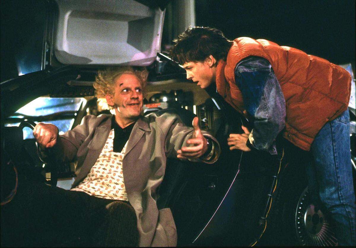 Christopher Lloyd (left) and Michael J. Fox violate timelines all over the place in “Back to the Future,” screening outdoors Friday, Aug. 5, in Tumwater.