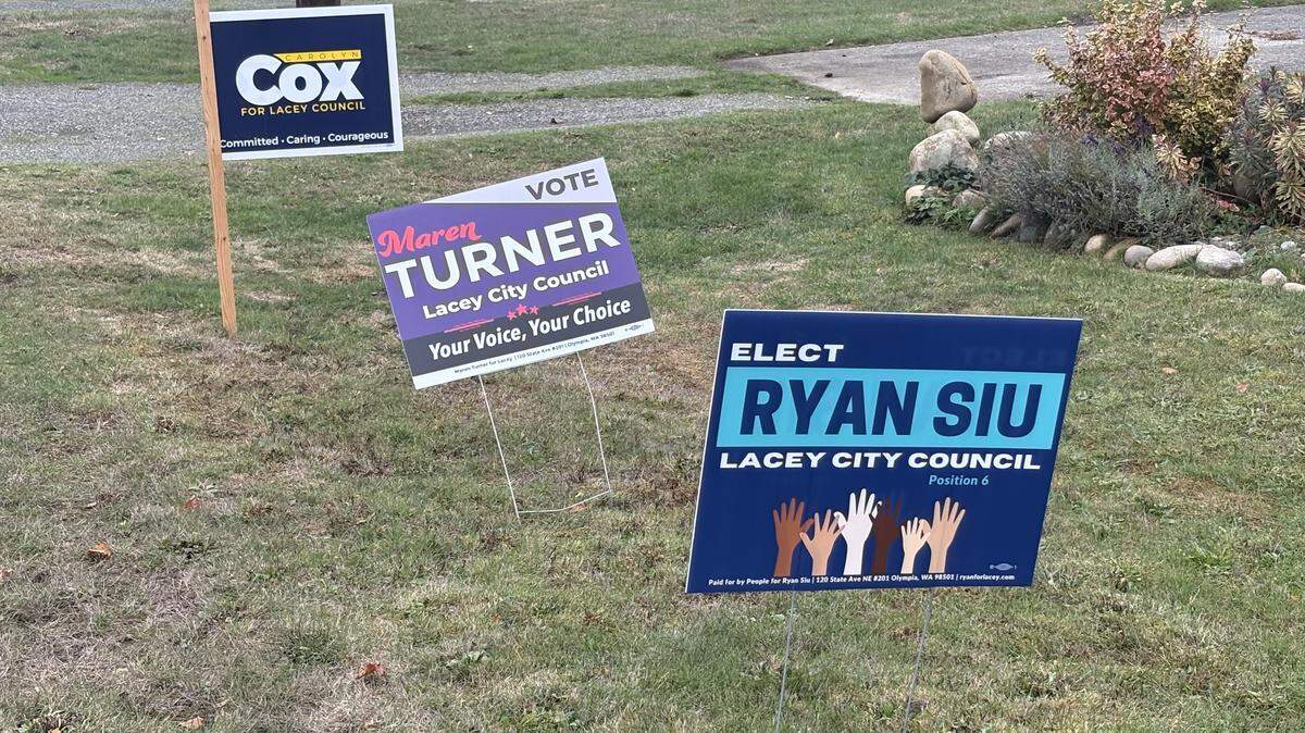 A collection of Lacey City Council candidate signs in the Lacey area.