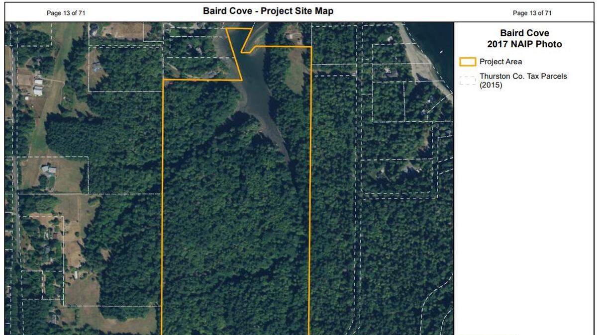 Nisqually Land Trust’s Baird Cove acquisition project was one of two successful applications to Thurston County’s Conservation Futures program in 2019. This map was part of an August presentation to the Board of County Commissioners.