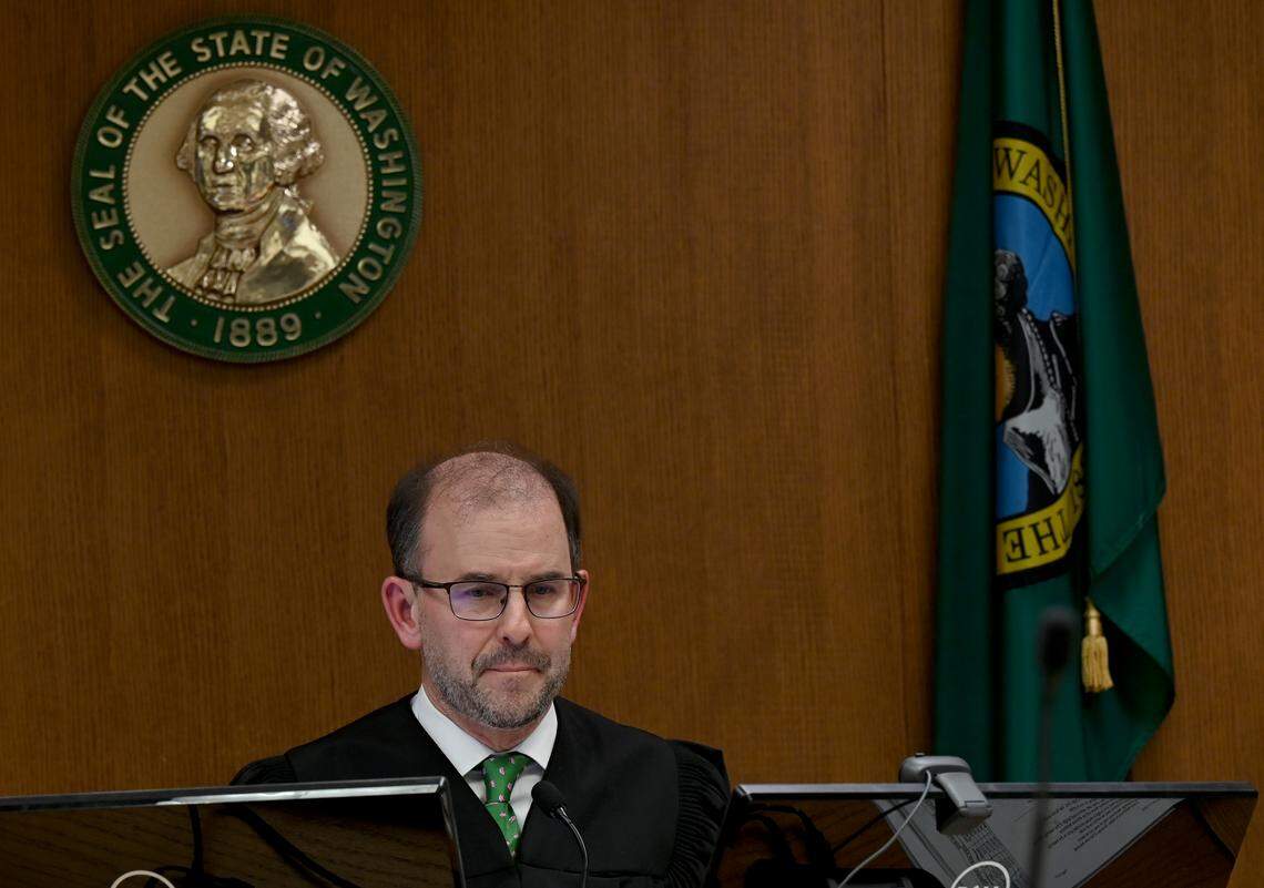 Thurston County Superior Court Judge John Skinder listens during the preliminary hearing of Trequanne Trenelle Wilson Mason, 20, on Nov. 19, 2025. Prosecutors accuse Wilson Mason of the drive-by shooting that killed 16-year-old Alexander Borgen and 17-year-old Deven Borgen on Nov. 14, 2025.