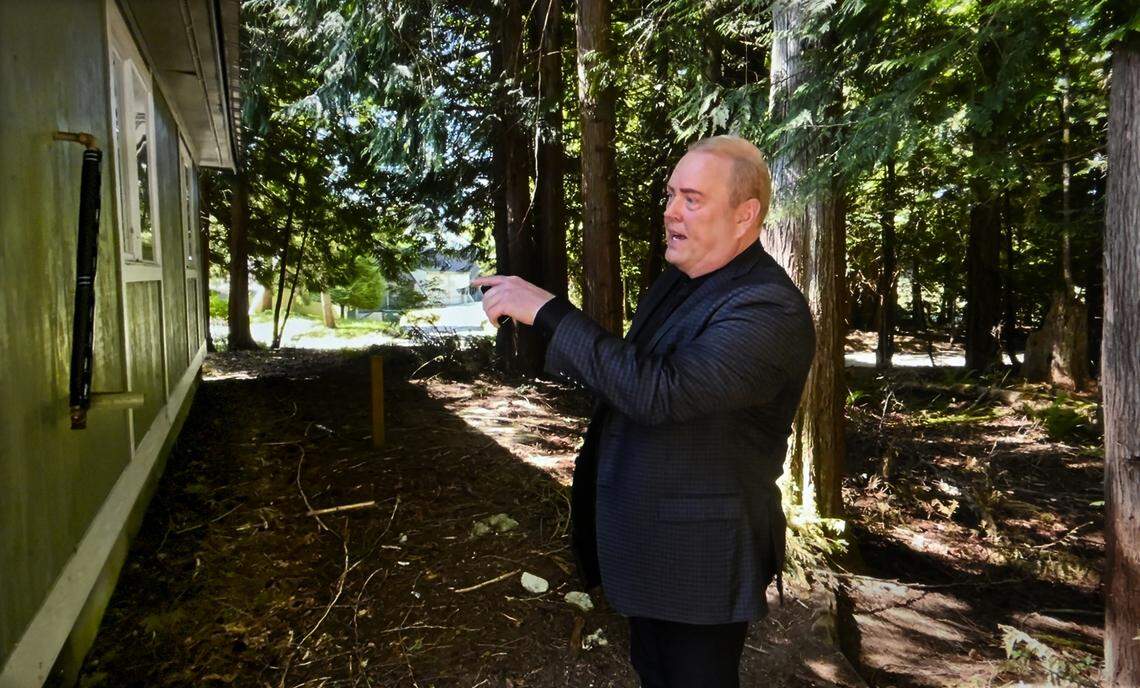 During a May 28, 2025, tour of campus housing, William Ward, chief administrative officer for The Evergreen State College, describes the removal of the propane heating systems that had been used to heat some of the modular-style housing units.