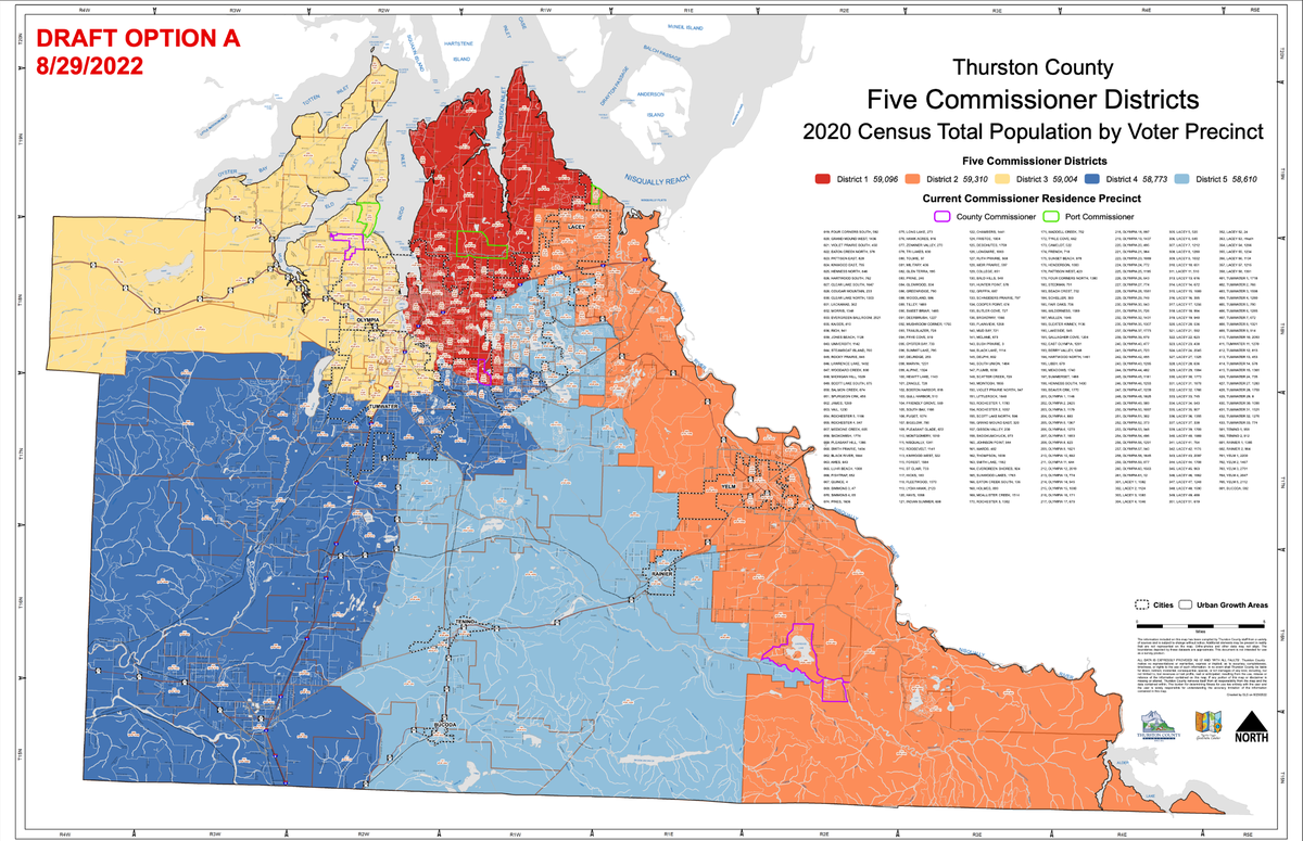 A map showing potential districts for larger Thurston County and Port of Olympia commissions. Option A did not move forward during a Friday redistricting committee meeting.
