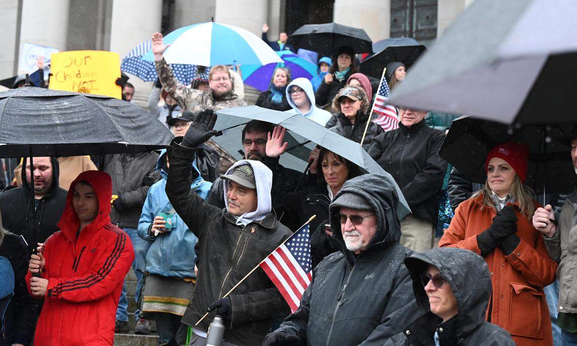 Hundreds of people rallied for parental rights on the north steps of the Legislative Building in Olympia on Saturday, Feb. 15. Sponsored by the Washington State Republican Party, Family Policy Institute of Washington and Let’s Go Washington organizations, the rally was largely in response to proposed legislative bills HB 1296 and SB 5181 that have been advanced by a Democratic legislators.
