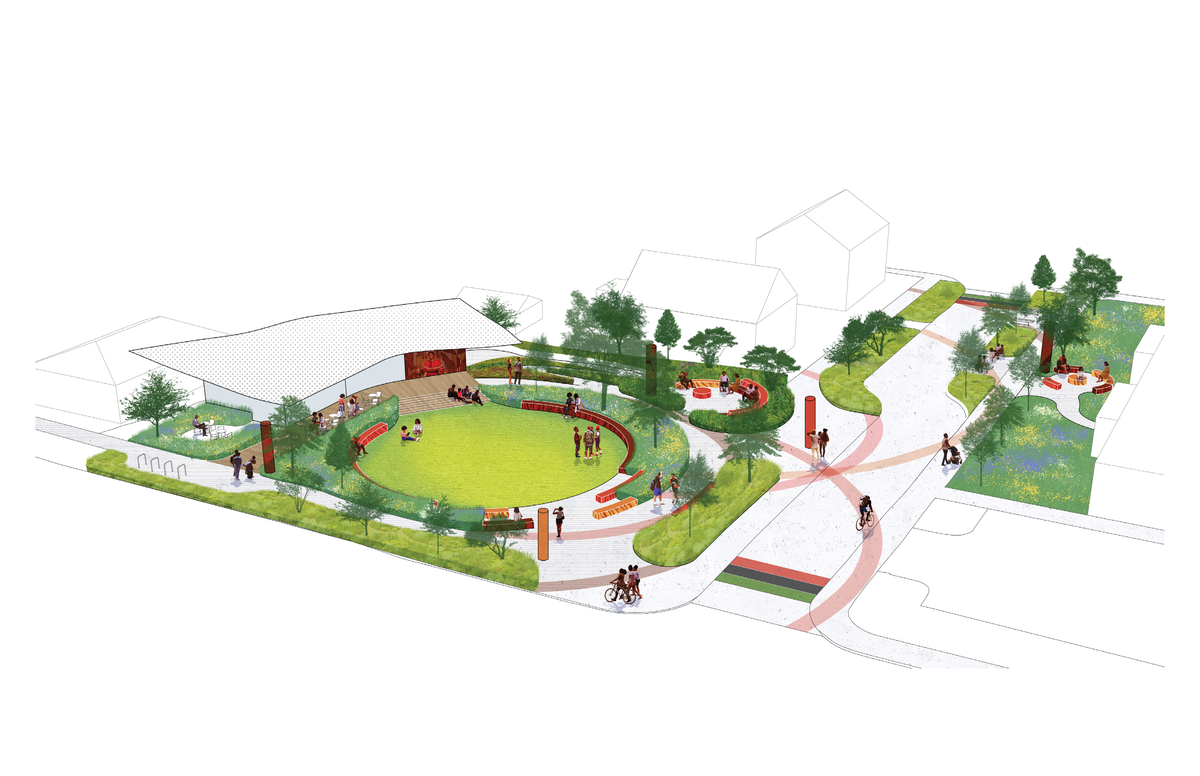 An aerial view rendering of Rebecca Howard Park in Olympia shows a new café, a stage and large lawn, which are included in the park’s development plan.