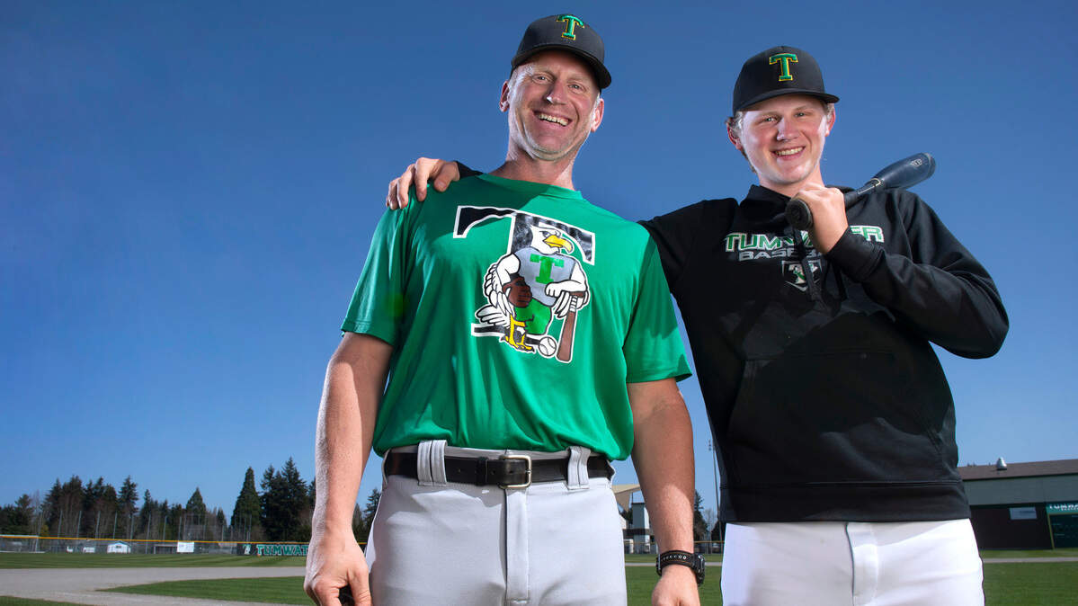 Former major leaguer Lyle Overbay has joined his son, Alex, as head coach of the Tumwater T-Birds baseball team, shown before practice at Tumwater High School on Tuesday, April 6, 2021.