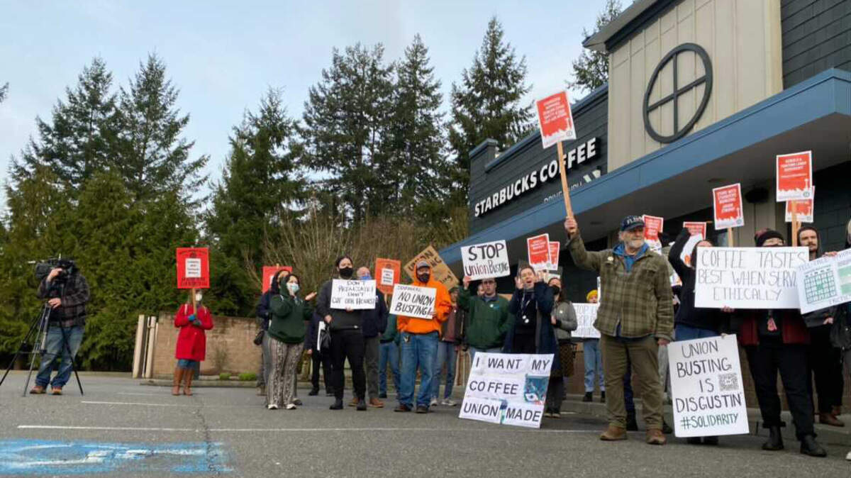 A month after an Olympia Starbucks filed to join a workers union, employees at the Cooper Point Road location went on strike March 24, citing intimidation, threats and more from management. 