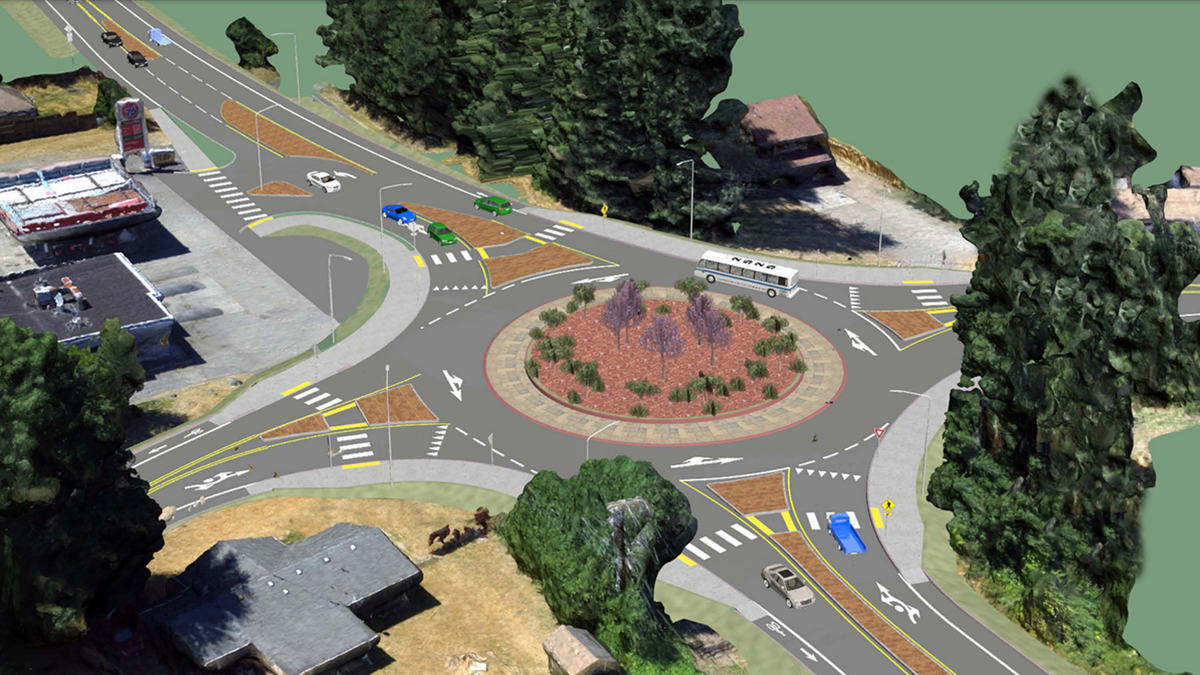 An image depicting how a new round about at the intersection of Yelm Highway Southeast and Meridian Road will appear once completed in Fall 2022.
