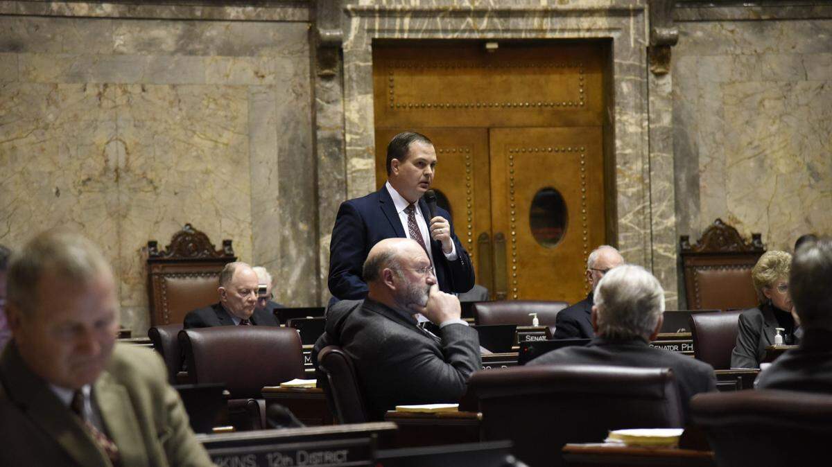 Washington Sen. John Braun, R-Centralia, speaks on the Senate debate floor March 8, 2023. Senate lawmakers voted Wednesday to lower police pursuit thresholds in the state.