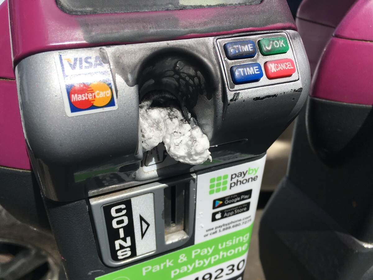 Parking meters also were damaged the day after May Day in downtown Olympia. This meter was gummed up with an unknown substance.