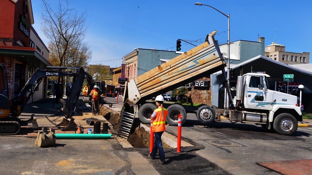 Construction has begun on the Franklin Street improvement project in downtown Olympia. Once the work is complete, Franklin Street between Legion Way and State Avenue will have new sidewalks, street surfaces, curbs, street trees and planters, street lighting and public art.